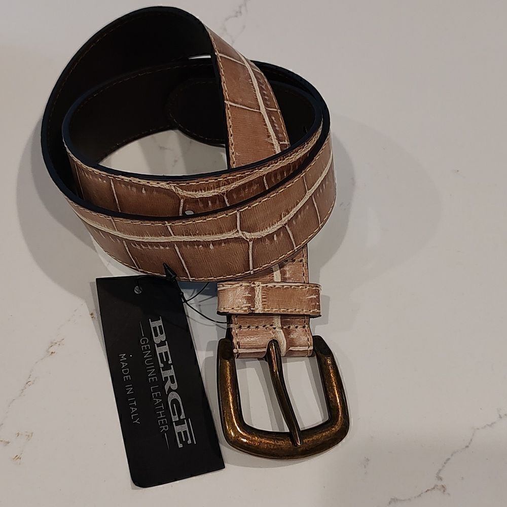 Berge Genuine Leather Tan Croc Belt Aged Brass Buckle NWT Size S
